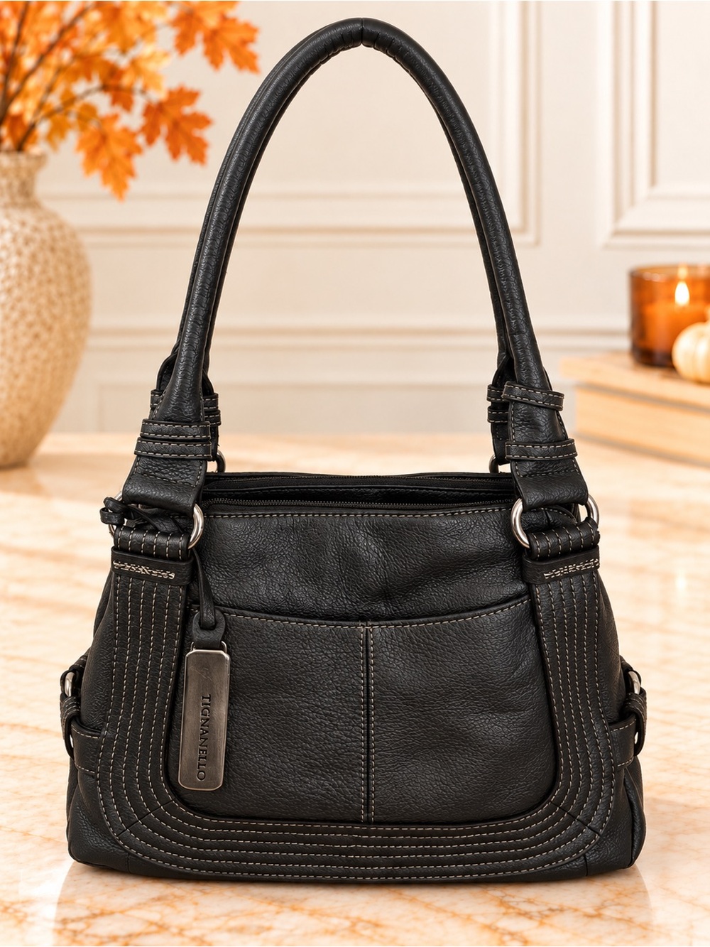 Tignanello Dark Silver Pebbled Leather Shoulder Bag Triple Compartment
